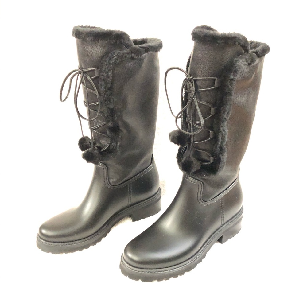 Stuart Weitzman Bearwear black leather Pom Pom rain winter boots 7